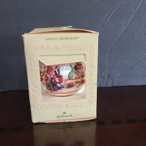 Hallmark 1980 Christmas Satin ornament Santa Workshop print